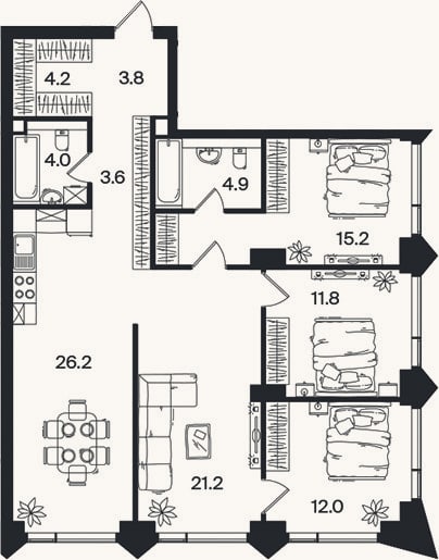 Планировка: 4+ к, 106,9 м²