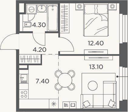 Планировка: 2-к, 41,4 м²