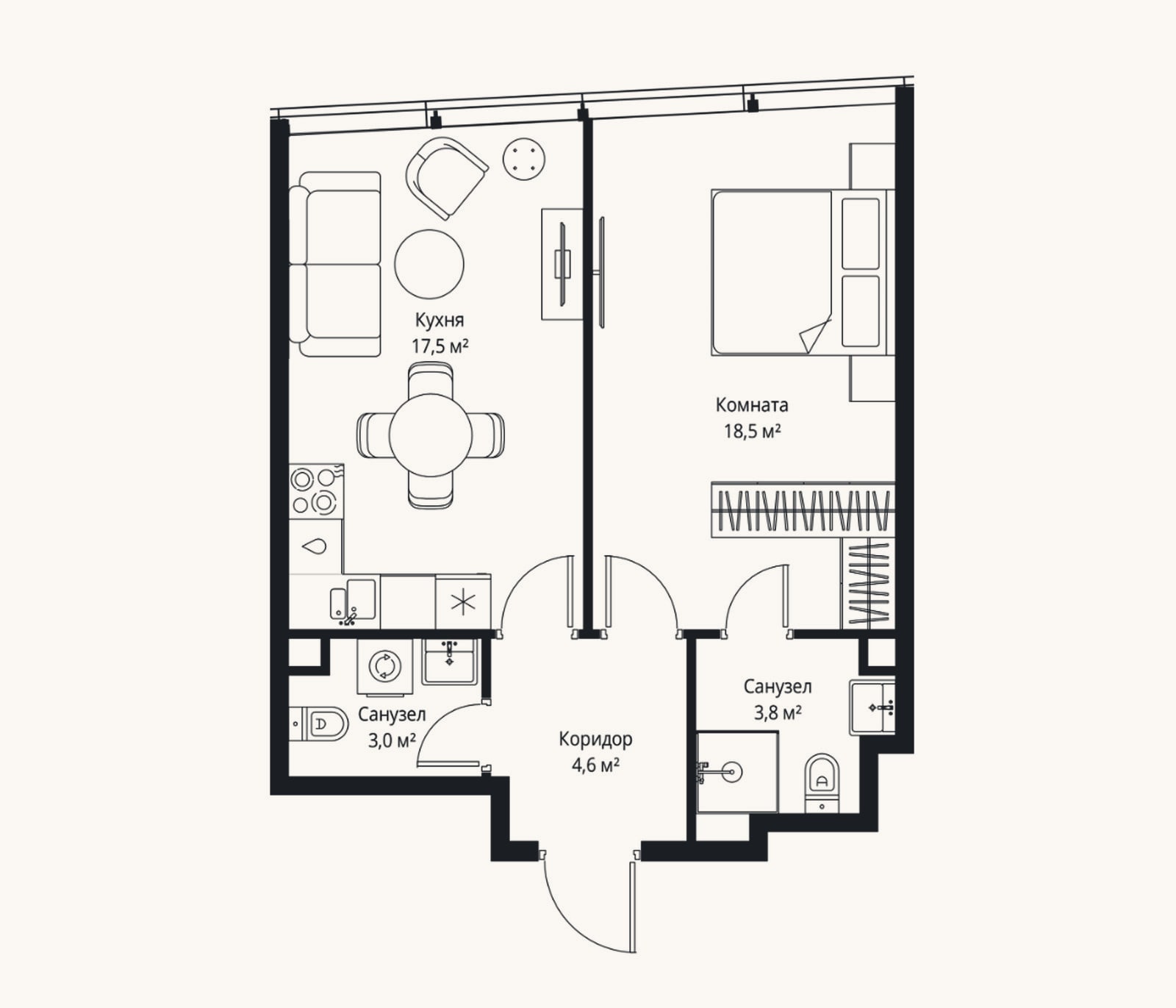 Планировка: 2-к, 47,4 м²