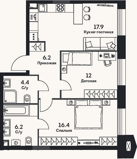 Планировка: 3-к, 63,1 м²