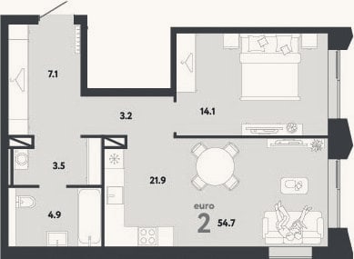 Планировка: 2-к, 54,7 м²