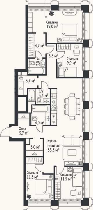 Планировка: 4+ к, 120,2 м²