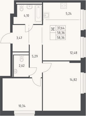 Планировка: 3-к, 58,4 м²