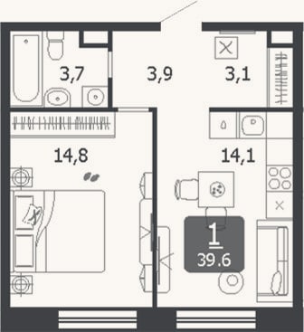 Планировка: 1-к, 39,6 м²