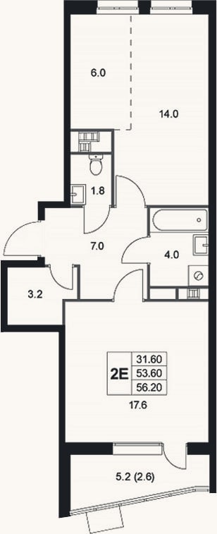 Планировка: 2-к, 53,6 м²