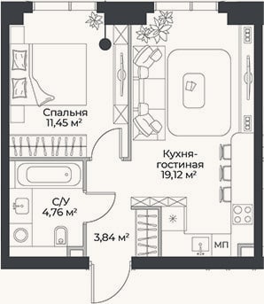 Планировка: 2-к, 39,2 м²