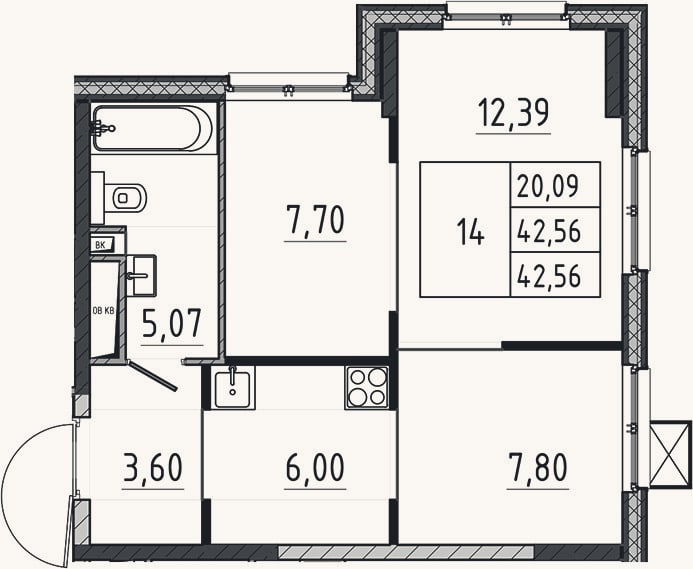 Планировка: 2-к, 42,6 м²