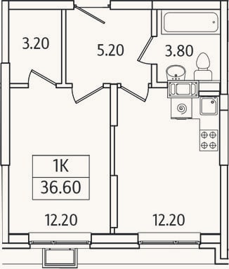 Планировка: 1-к, 36,6 м²