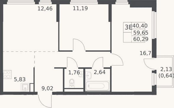 Планировка: 3-к, 59,7 м²