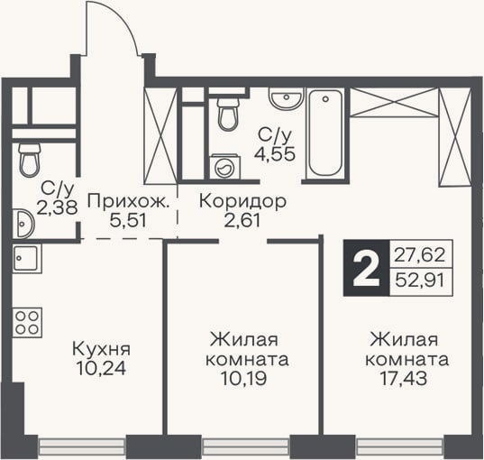 Планировка: 2-к, 52,9 м²