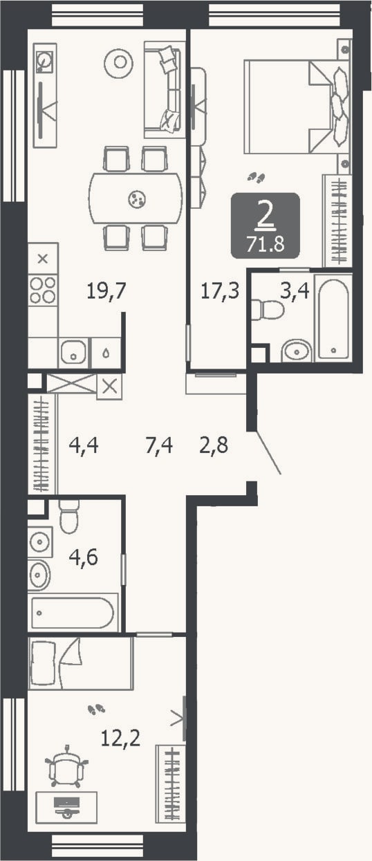 Планировка: 3-к, 71,8 м²