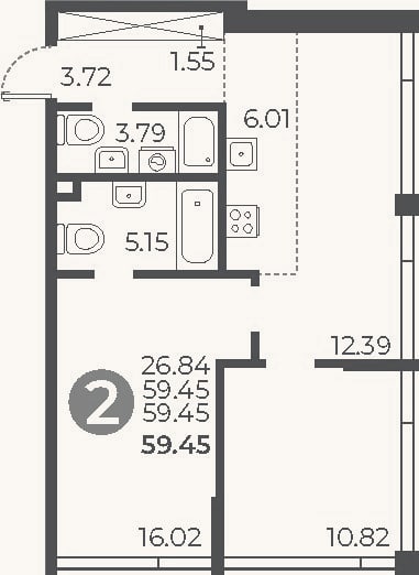 Планировка: 2-к, 59,5 м²