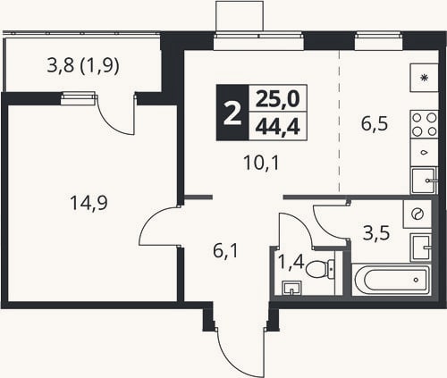 Планировка: 2-к, 42,5 м²