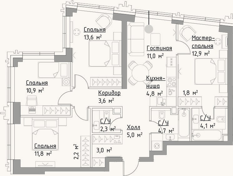 Планировка: 4+ к, 91,7 м²