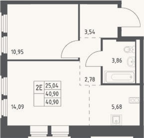 Планировка: 2-к, 40,9 м²