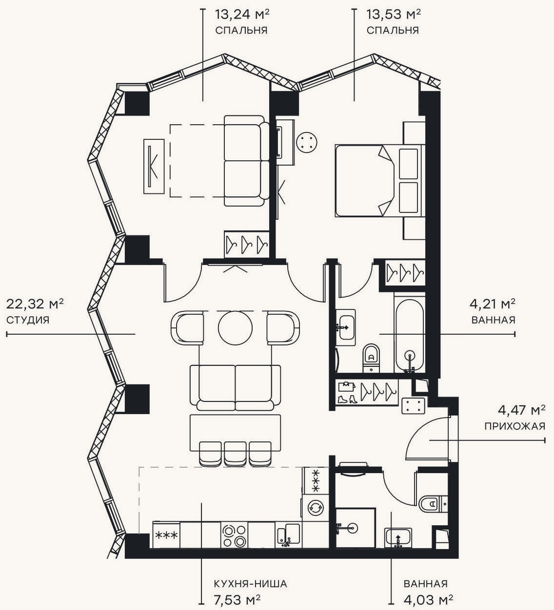 Планировка: 3-к, 69,3 м²