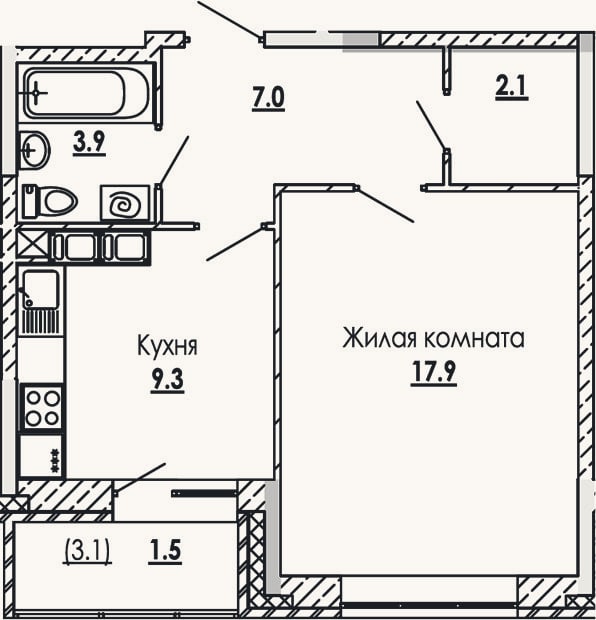 Планировка: 1-к, 40,2 м²