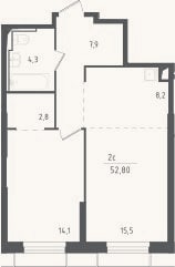 Планировка: 2-к, 52,8 м²