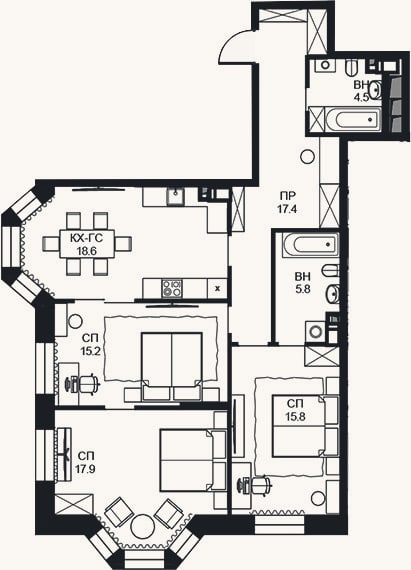 Планировка: 3-к, 95 м²