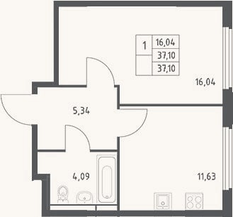 Планировка: 1-к, 37,1 м²