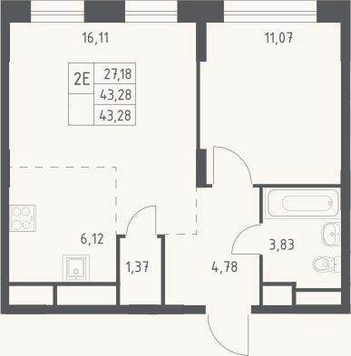 Планировка: 2-к, 43,3 м²