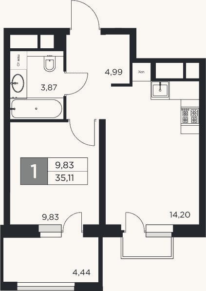 Планировка: 1-к, 32,9 м²