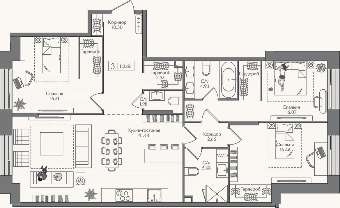 Планировка: 4+ к, 113,7 м²