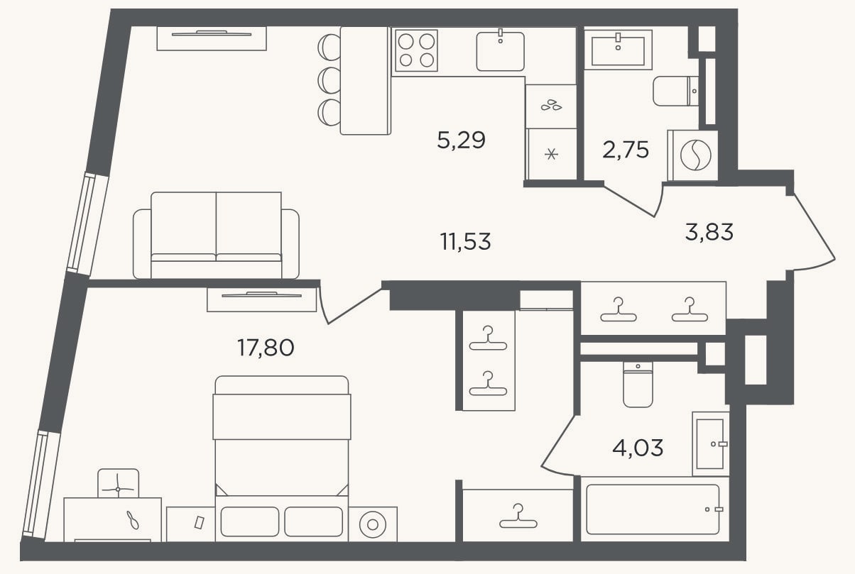 Планировка: 2-к, 45,2 м²