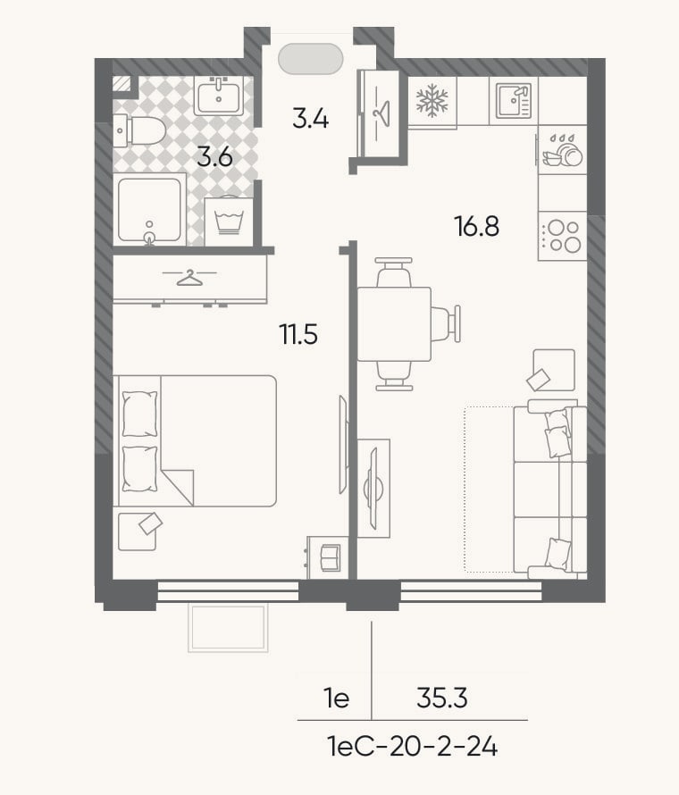 Планировка: 2-к, 35,3 м²