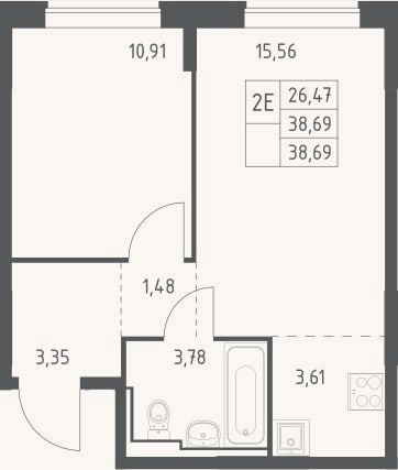 Планировка: 2-к, 38,7 м²