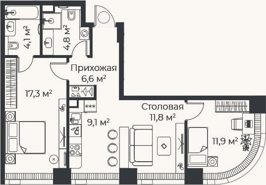 Планировка: 3-к, 65,6 м²