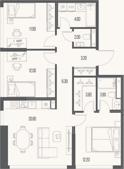 Планировка: 3-к, 80,9 м²