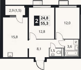 Планировка: 3-к, 53,8 м²