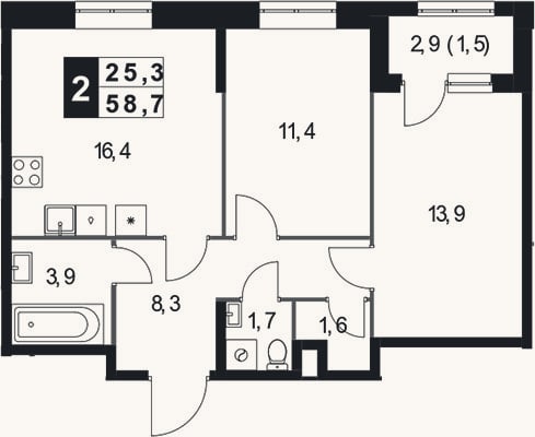 Планировка: 2-к, 57,2 м²