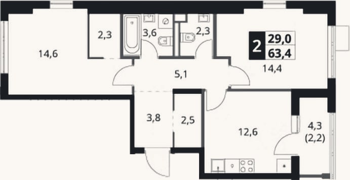 Планировка: 2-к, 61,2 м²