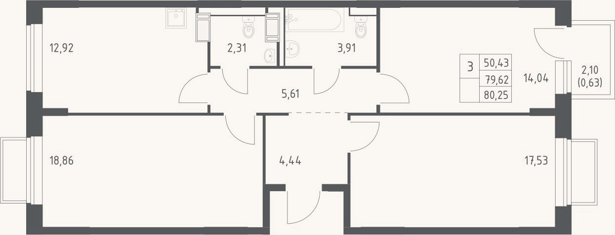 Планировка: 3-к, 78,2 м²