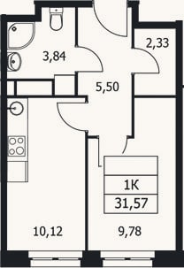 Планировка: 1-к, 31,6 м²