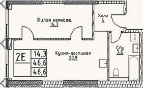 Планировка: 2-к, 46,6 м²