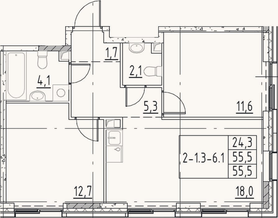 Планировка: 3-к, 55,5 м²