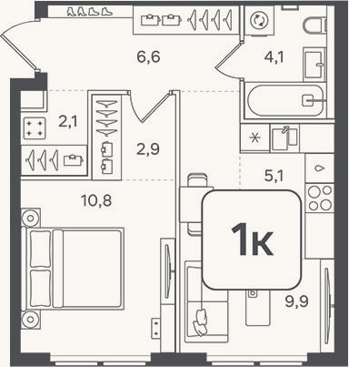 Планировка: 1-к, 41,5 м²