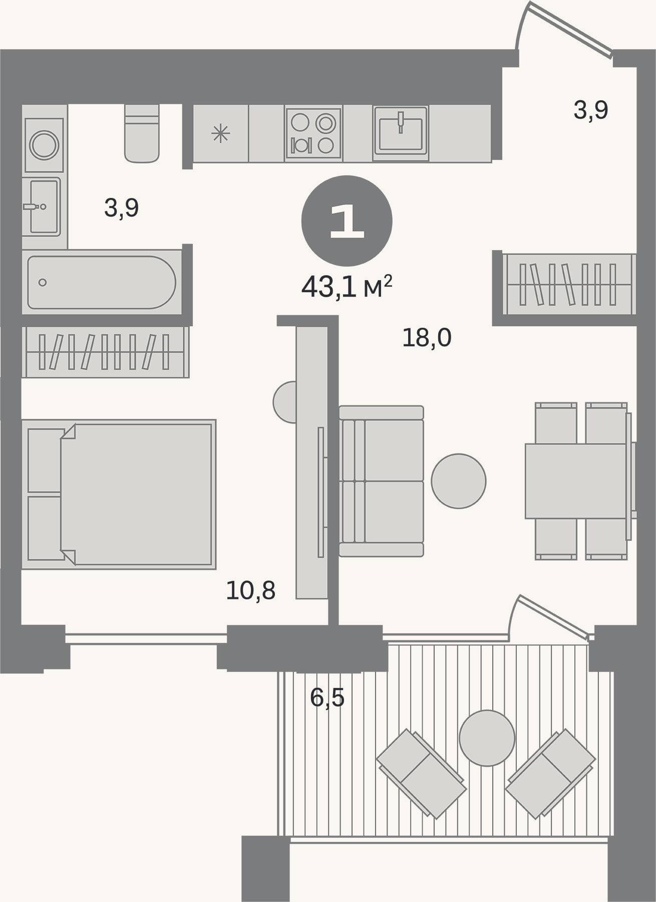 Планировка: 1-к, 36,6 м²