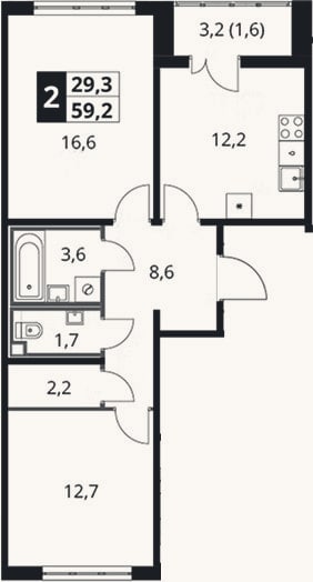Планировка: 2-к, 58,8 м²
