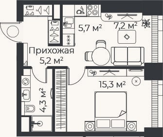 Планировка: 2-к, 37,8 м²