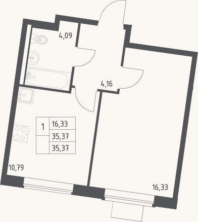 Планировка: 1-к, 35,4 м²