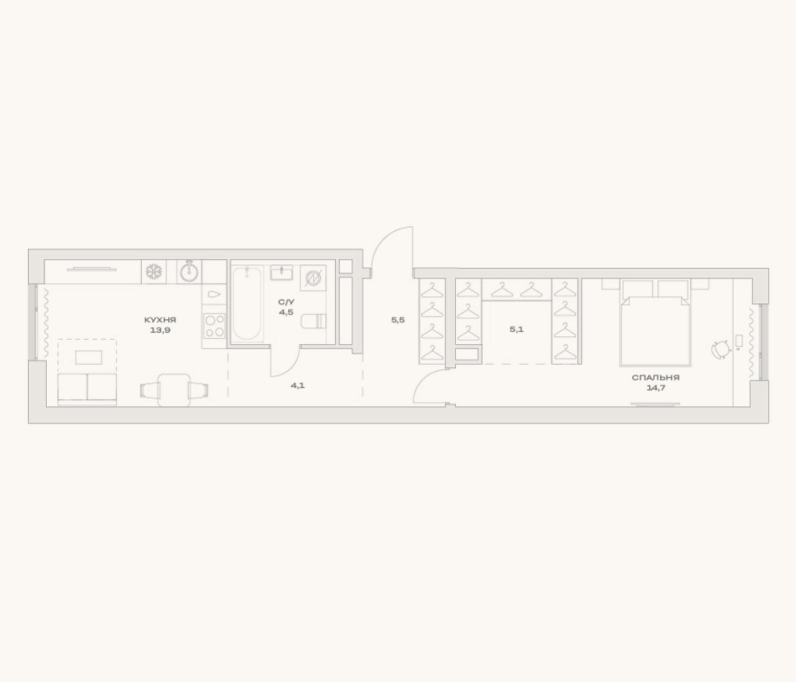 Планировка: 1-к, 47,8 м²
