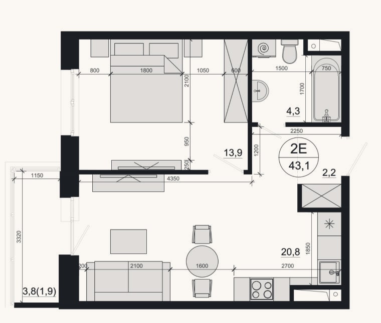 Планировка: 2-к, 41,2 м²