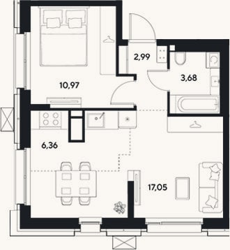 Планировка: 2-к, 41,1 м²