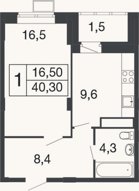 Планировка: 1-к, 38,8 м²