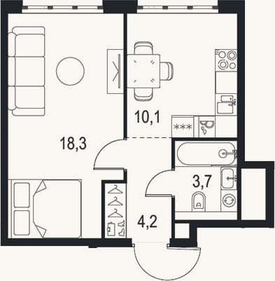 Планировка: 1-к, 36,3 м²