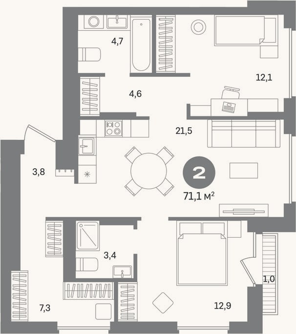 Планировка: 2-к, 70,1 м²